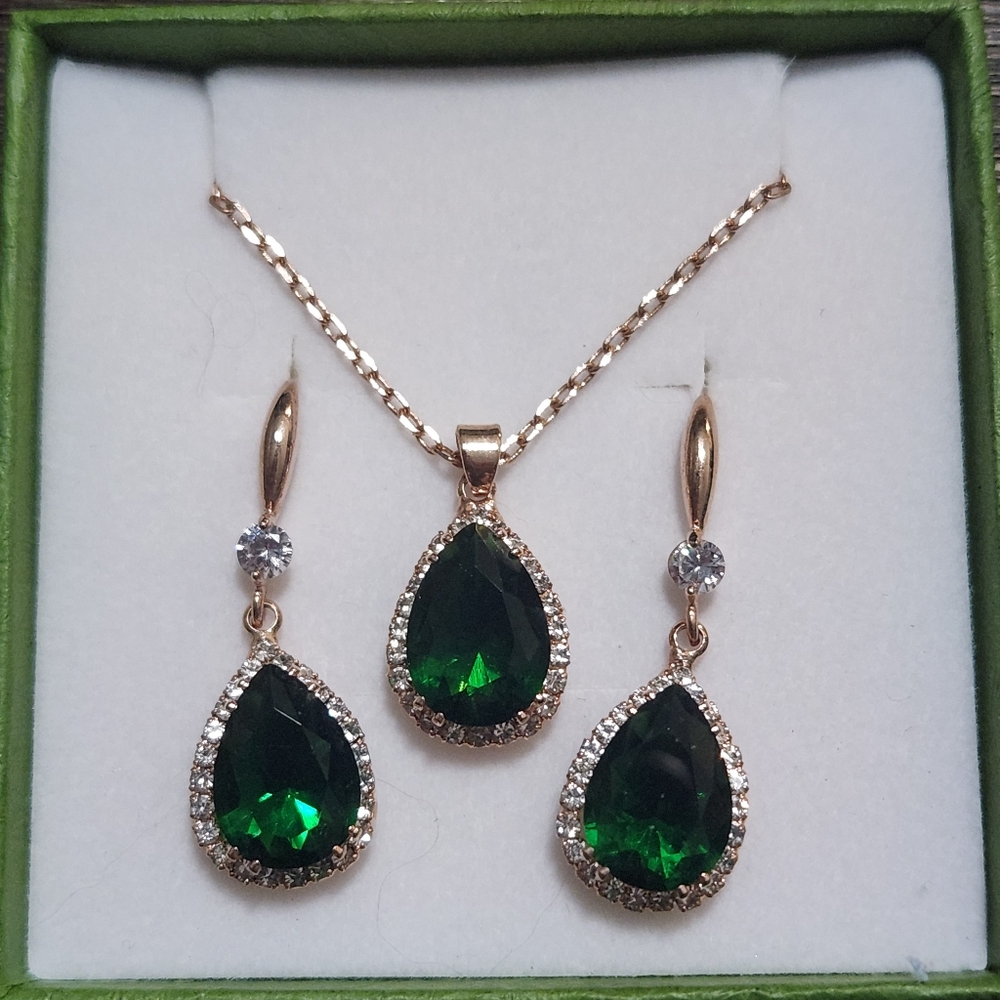 Elegant Green CZ Halo Teardrop Set- Necklace & Drop earrings, Rose Gold